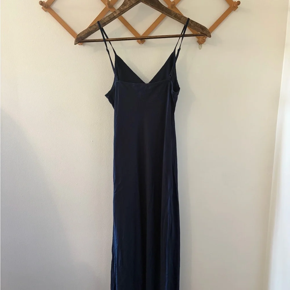 Quince Navy Satin Slip Dress with Spaghetti Straps - Picture 2 of 4